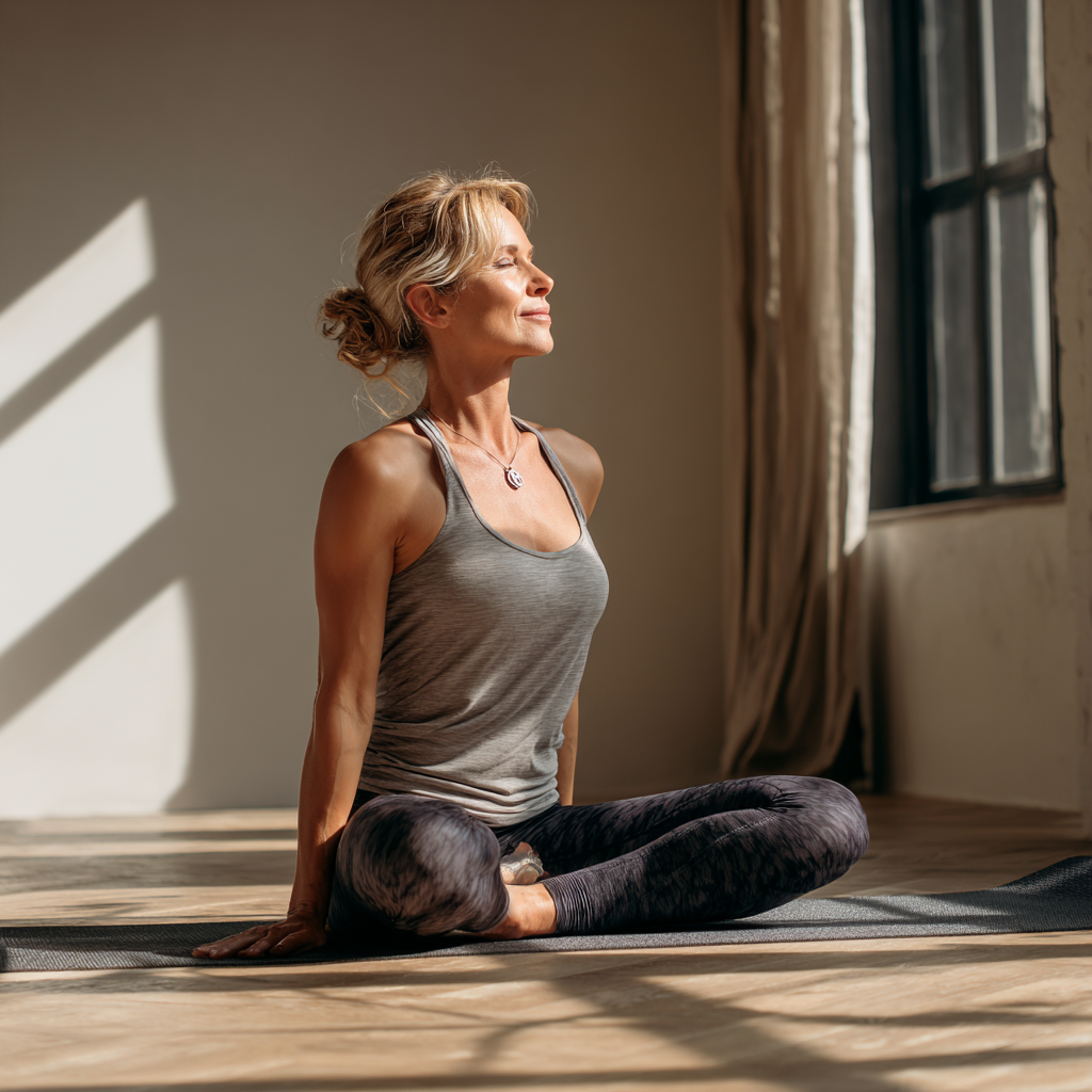 Middle-aged woman practicing gentle yoga stretches on a mat in a calm natural-lit room